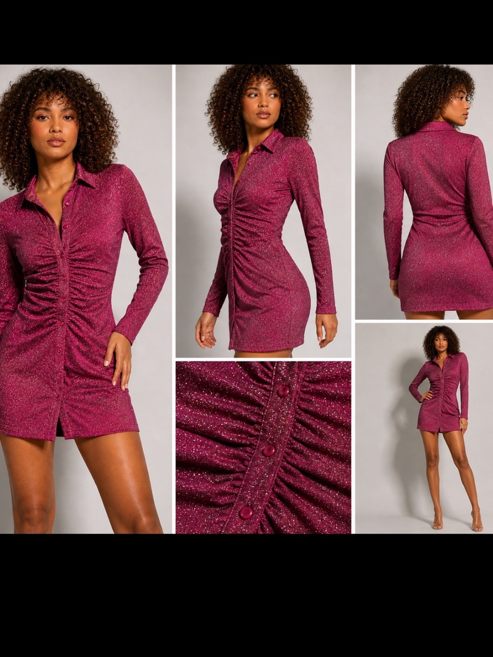 Good American Pink Sparkle Metallic Ruched Mini Dress Long Sleeve Sz 2 NWT - Picture 4 of 11